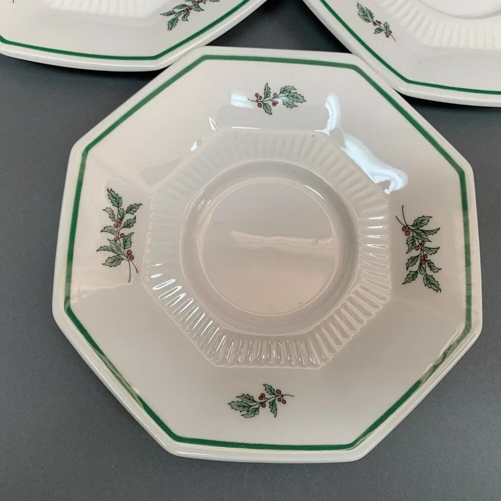Nikko Christmastime Japan White‎ Green Holly Berries Saucers Plates Lot of 3